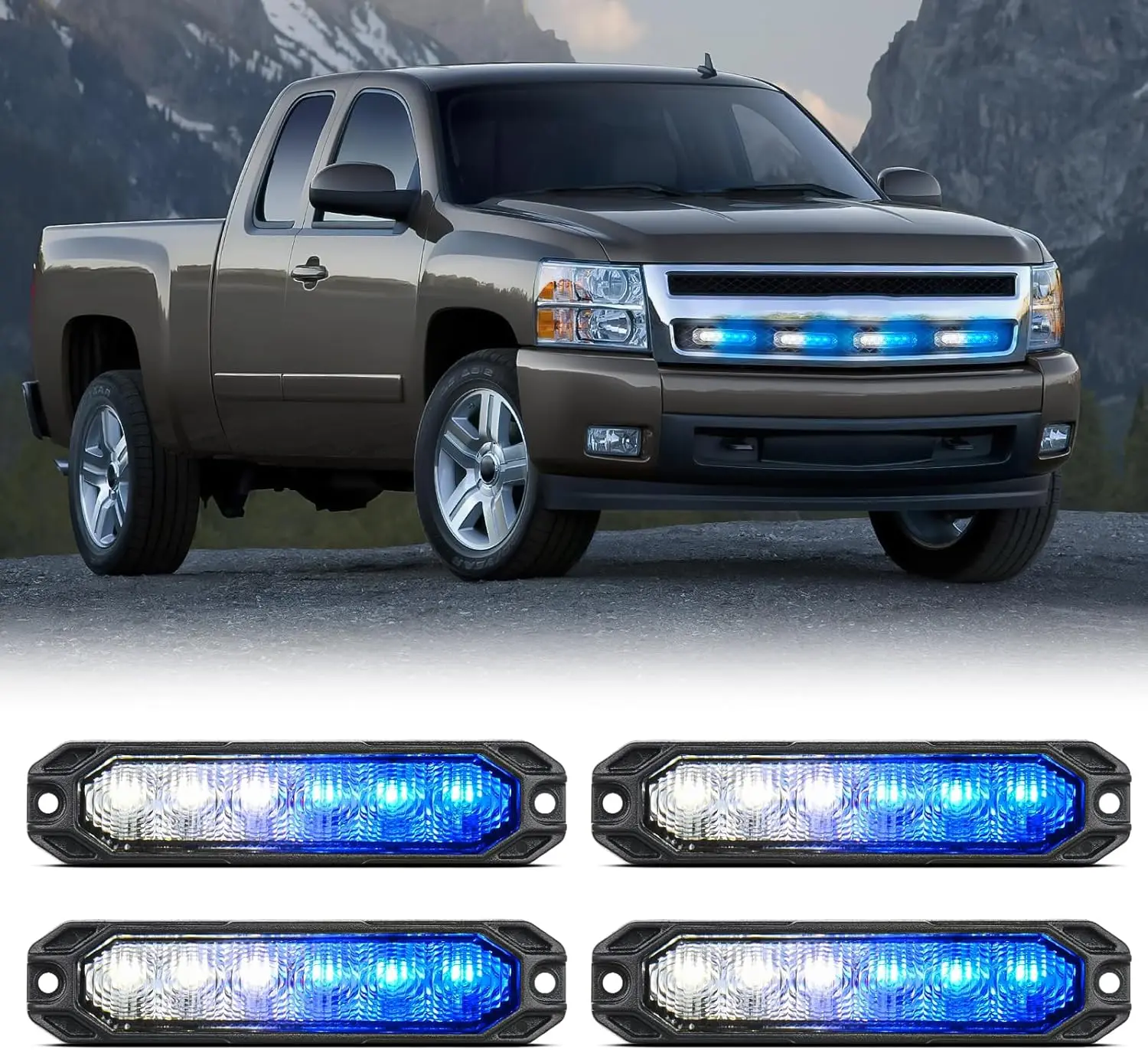 Nilight 4PCS 6LED Blue White Driving Light Strip, 12V-24V DC Ultra Slim Surface Mount Light Bar Car, Sync Feature, Steady/Strobe Flash Modes, Grille-Mount for Off-Road Vehicles, Father's Day Gift