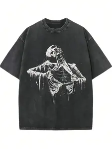 Vintage Washed Skull T-Shirt, Loose Fit Y2K Gothic Skull Print Short Sleeve, Street Punk Rock Casual Top, Men's Retro Hip Hop Summer Tee