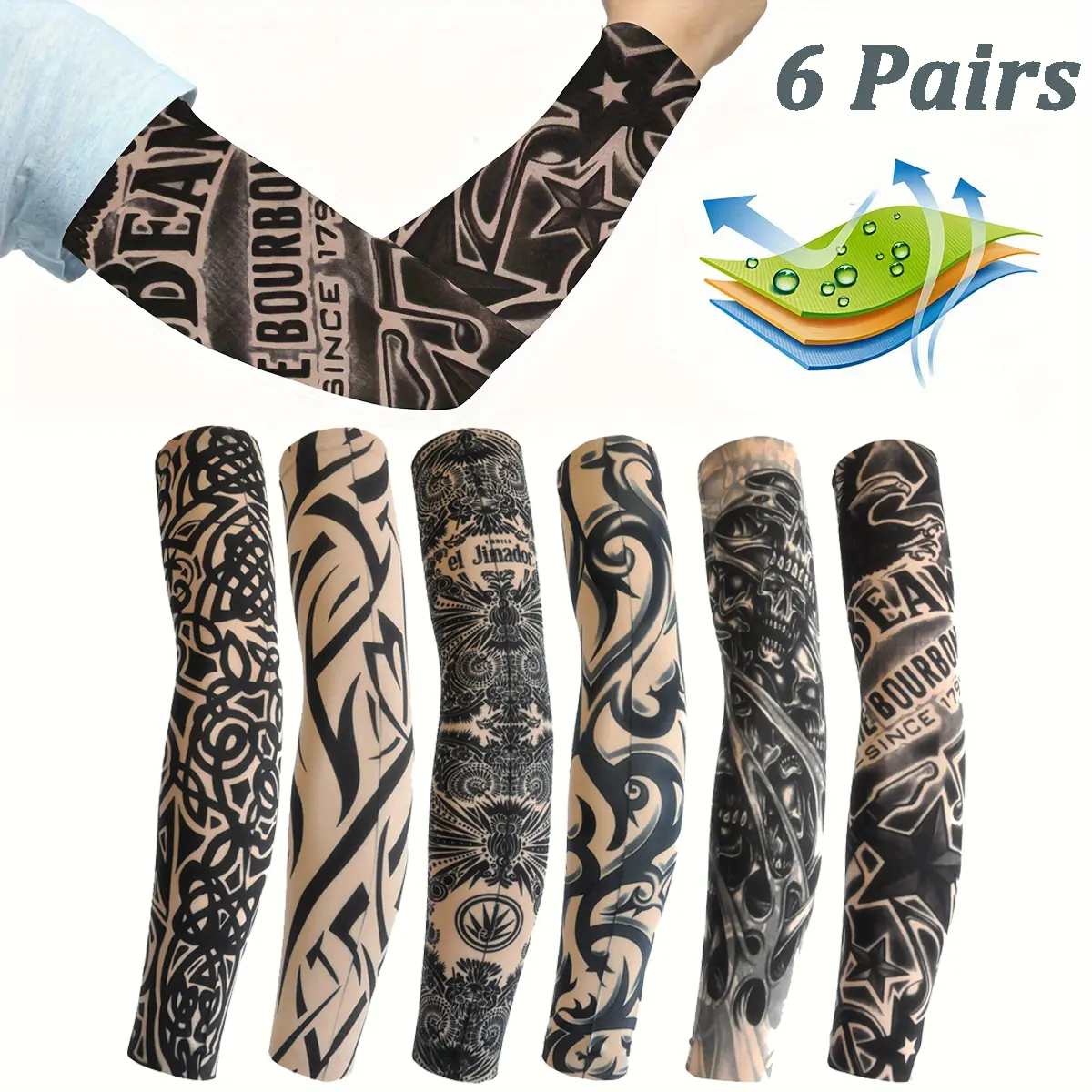 6 Pairs Men's Tattoo Arm Sleeves Packs - Elastic Breathable Mesh Protective Gear, Anti-Slip UV Sun Protection Cooling Compression Cuffs for Cycling, Driving, Fishing
