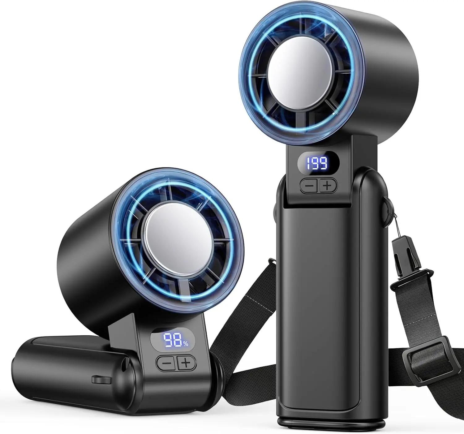 Portable Handheld Turbo Fan, Mini Portable Fan with 1-199 Speed Adjustment, LED Display, High-Power Motor, Rechargeable Battery, 4-in-1 Pocket Design for Indoor/Outdoor/Travel, Black