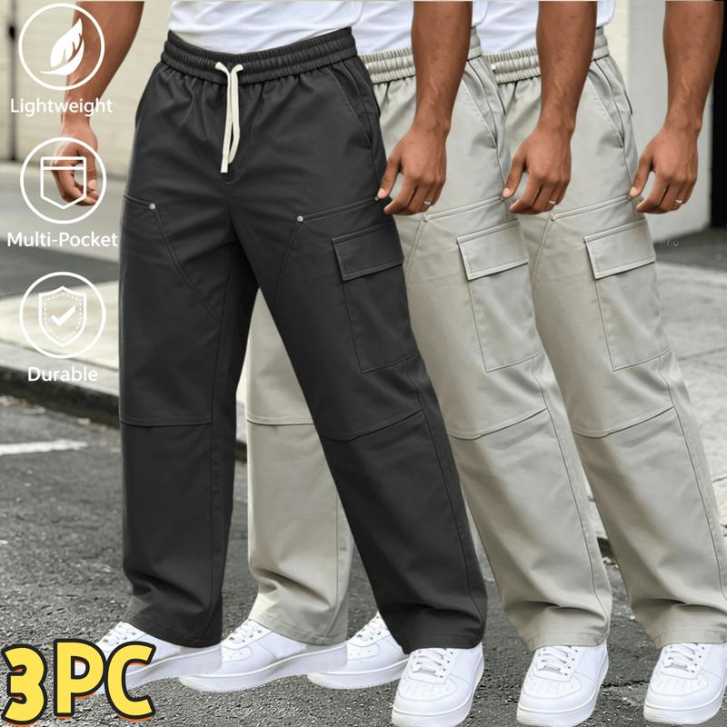 Men's Solid Loose-Fit Straight Mid-Waist Cargo Pants - Lightweight Polyester Athleisure Streetwear with Elastic Drawstring Waist, Multiple Pockets, Casual All-Season Outdoor Bottoms, Regular Size