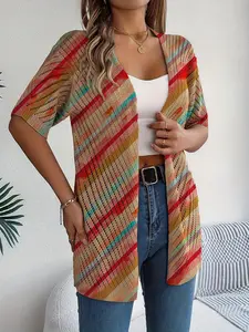 Spring/Summer women's twill hollow-out knit cardigan, vacation bohemian style with contrast color stripe print, short sleeve buttonless open front cardigan, versatile outerwear for camisoles, beach cover-up.