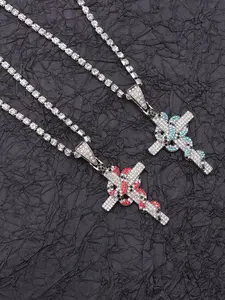 Colorful Rhinestone Snake Wrap Cross Necklace, Cool Hip Hop Style Party Jewelry, Unique Clavicle Chain for Women