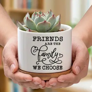 Friends Are Family Small Ceramic Succulent Planter - Colorful Floral Accent Ceramic Vase, Friendship Gift for Bestie, Cute Desk Decor, Home & Office Decoration, Ceramic Vases, Colorful Vases