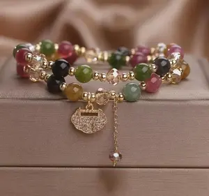 Premium Double Strand Rainbow Tourmaline Beaded Bracelet, Natural Gemstone Handmade Wrist Jewelry, Energy Healing Wealth Attraction Bracelet, Stylish Minimalist Accessory for Daily Wear, Party Matching And Spiritual Casual Outfit,summervibes