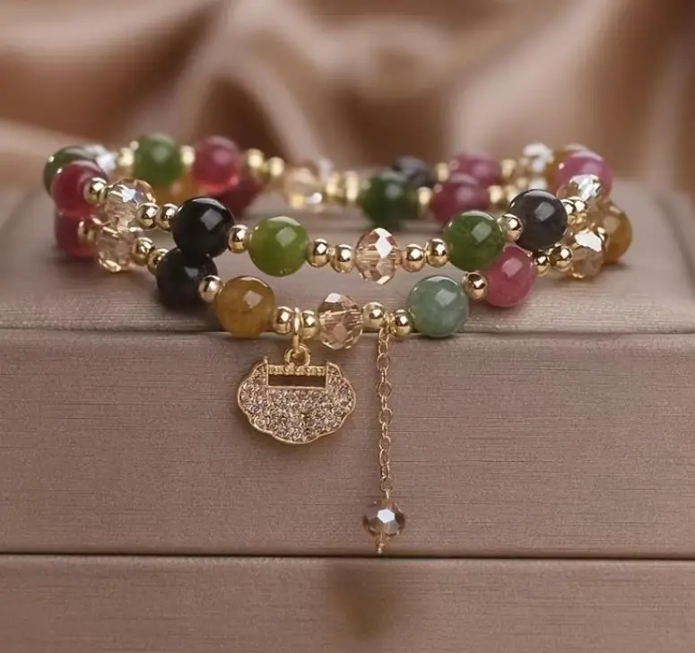Premium Double Strand Rainbow Tourmaline Beaded Bracelet, Natural Gemstone Handmade Wrist Jewelry, Energy Healing Wealth Attraction Bracelet, Stylish Minimalist Accessory for Daily Wear, Party Matching And Spiritual Casual Outfit,summervibes
