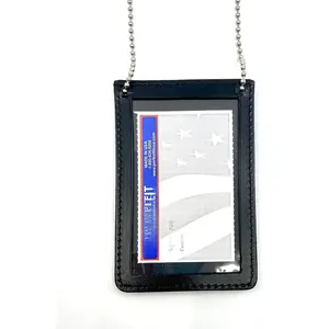 Chain Double Sided ID Holder with 2 Clear Picture ID Windows, Leather Badge for Credential Pass to Wear Around The  for  Law Enforcement, Business, Factory Worker (Black) (Vertical)