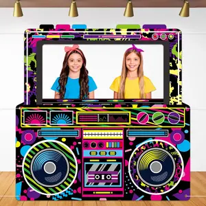 Radio Boombox Photo Booth Props for 80s 90s Party Decorations 59 X 59 Inch, Neon Radio Boombox Selfie Frame Backdrop  Banner Party Supplies for 90s Boys Girls  Hop  Theme Birthday Decor