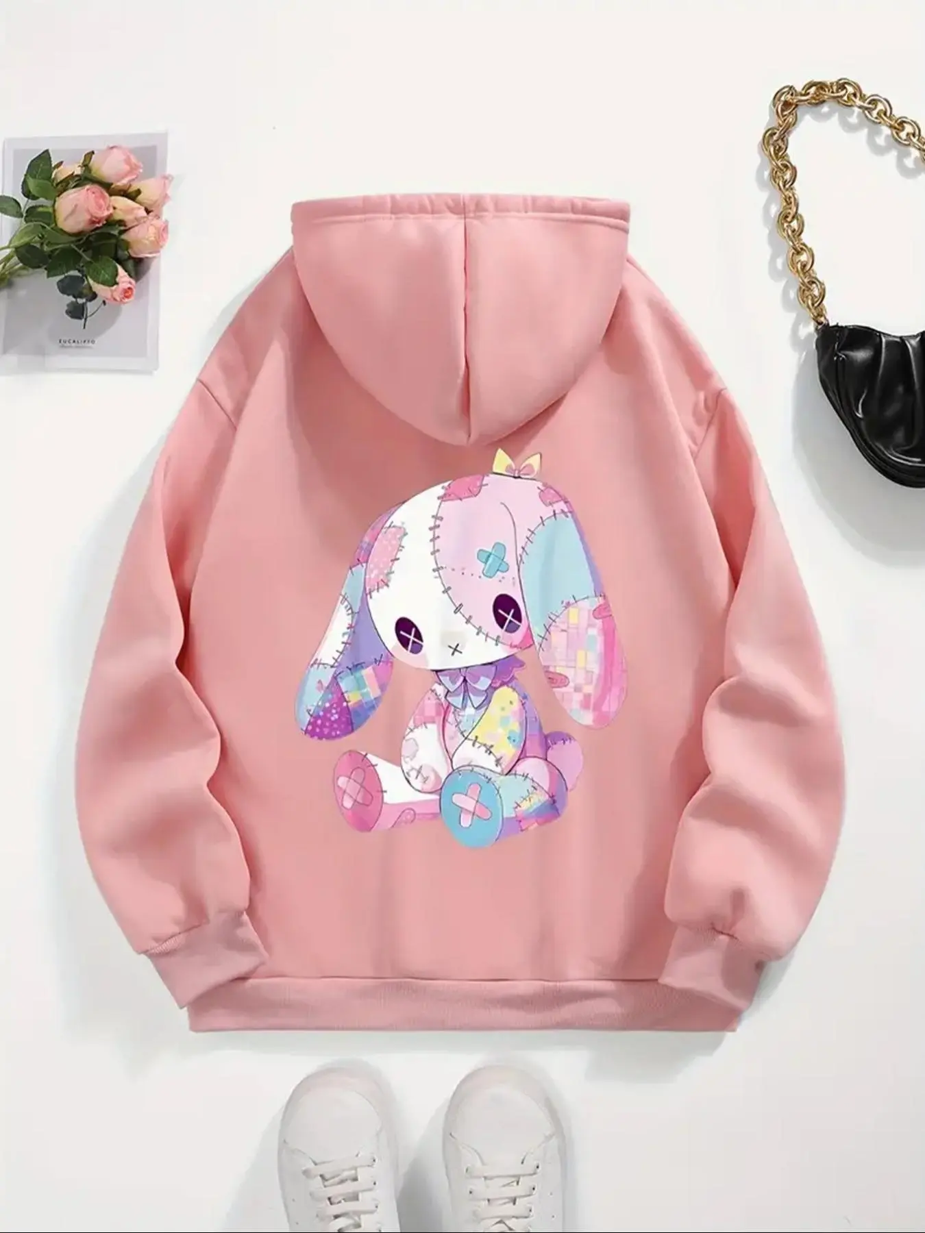 Women's Cartoon Rabbit Toy Print Drawstring Pocket Hoodie, Casual Long Sleeve Hooded Sweatshirt for Fall & Winter, Women's Clothes for Daily Wear