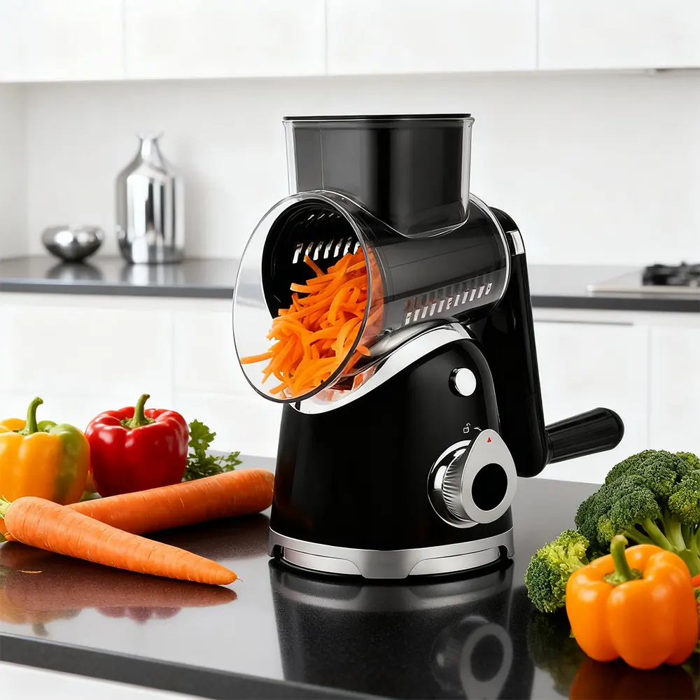 SUSTEAS Multi-Function Rotary Cheese Grater - 6 Interchangeable Blades, Fruit Vegetable Slicer, Easy-to-Clean Kitchen Utensil with Blade Holder for Safe Storage