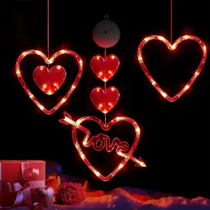 Valentine's Day Window Lights Set with Timer, Battery Operated Heart Shaped Suction Cup LED Lights for Indoor Home Decor, Led Mood Light