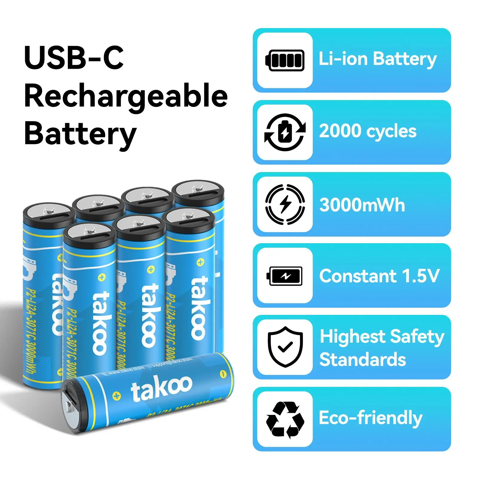 【TikTokShopBackToSchool】TAKOO 3000mWh Rechargeable Lithium AA/AAA Batteries, 4/8 Pack Long Lasting 1.5V USB-C Li-ion Rechargeable Batteries, 2000+ Cycles - Fast Charging for Blink Outdoor Cameras & Toys