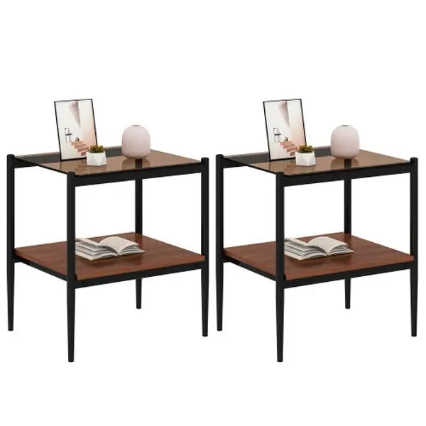 2-Piece Rectangle Indoor End Table Set, Tempered Brown Glass Tabletop with MDF Layer, Iron Frame, 19.1"l x 15.35"w x 21.14"h, 110lbs Modern Living Room Table