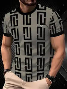 Men's Geometric Pattern T-Shirt, Summer Casual Comfortable Thin Tee, Fitted Short Sleeve, Daily Wear, All Seasons