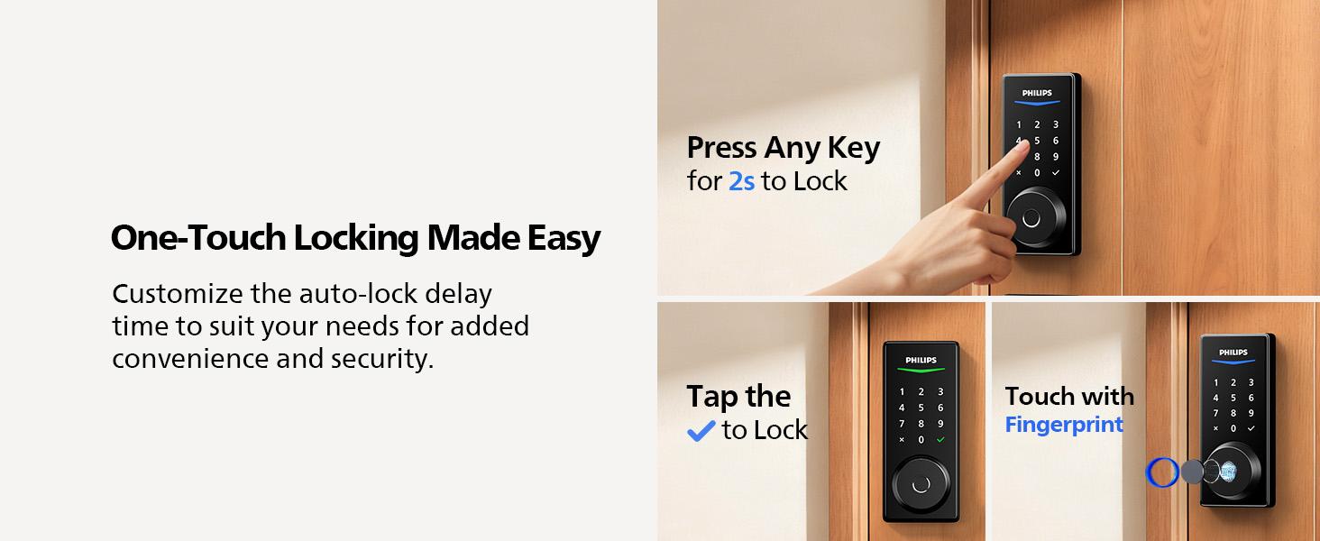 Philips Built-in WiFi Smart Lock, Keyless Entry Door Lock with App, Touchscreen, Fingerprint Door Lock — Compatible with Alexa & Google, Splash-Proof Design, Includes 8 Batteries, Black