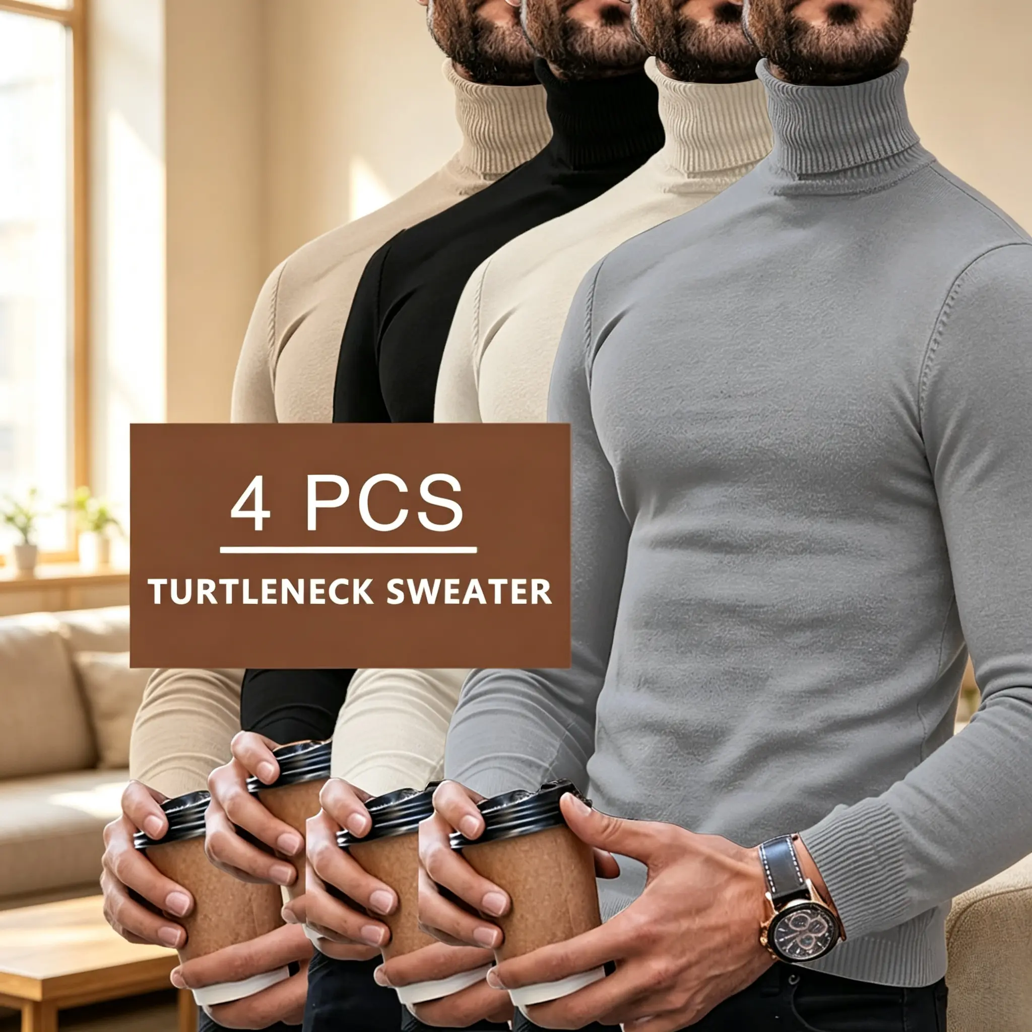4 Pack Men's Plus Size Turtleneck Knit Sweater 3XL-6XL, Soft Stretch Thermal Long Sleeve Pullover Tops, Ribbed Collar Basic Layering Jumper for Fall Winter Daily & Business Wear