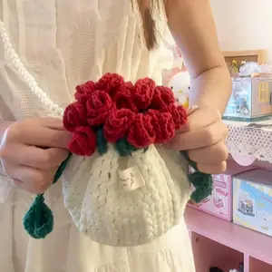 Finished Crochet Bag Rose Flower Bags Finished Crochet Rose Flower Bag Hollow Out Knitted Drawstring Storage Bag Handmade Bag Organiser