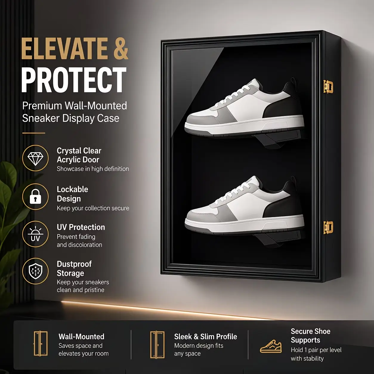 Lockable Wooden Cleat Shape Sports Shoes Display Frame - Wall Mount Organiser with UV-Protection Anti-Fade Acrylic Door, Wooden Base Storage Racks for Football Basketball Shoes