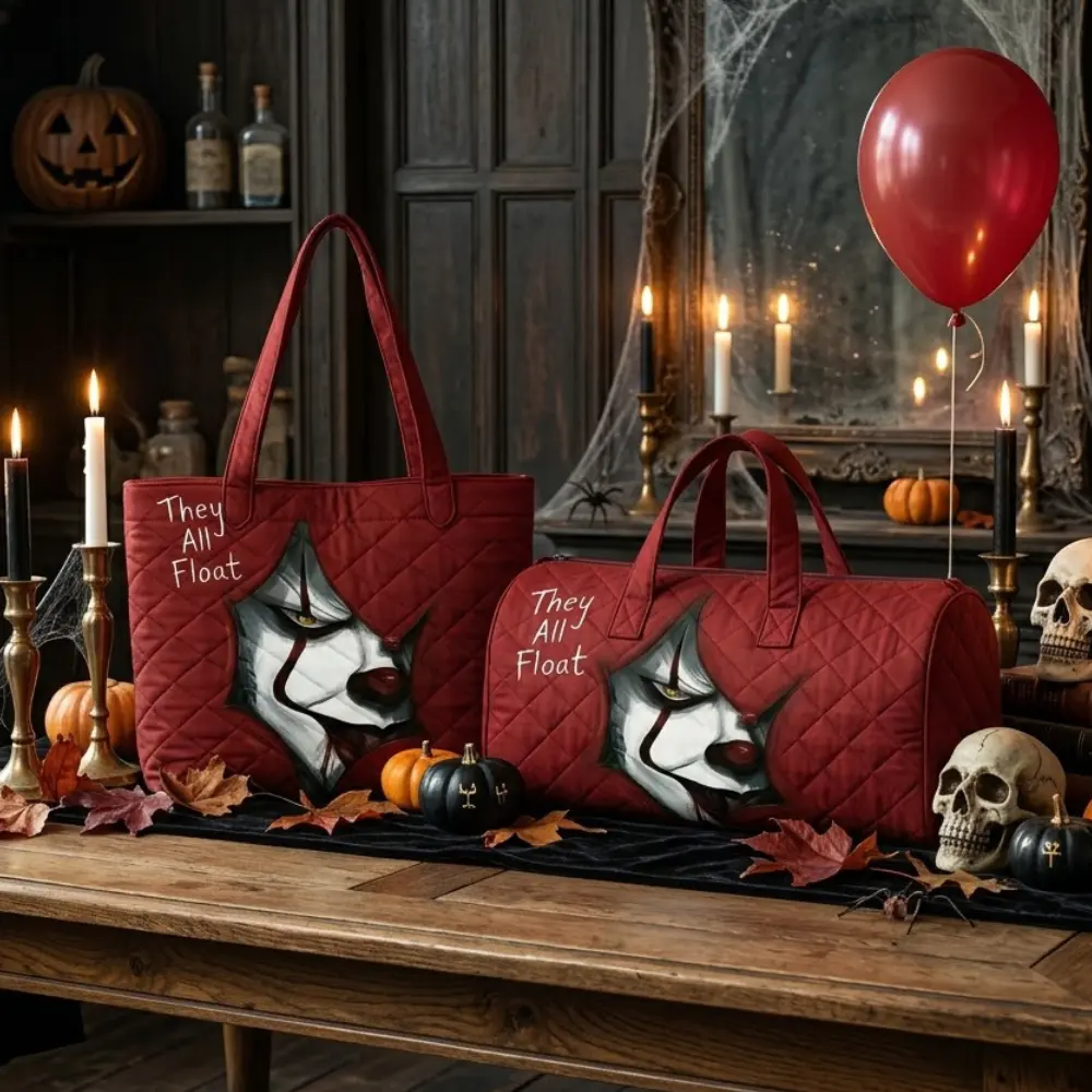 Pennywise Tote Bag and Weekend Bag Set, IT Clown Red Balloon They All Float Halloween Horror Design, Gift for Horror Movie Fans