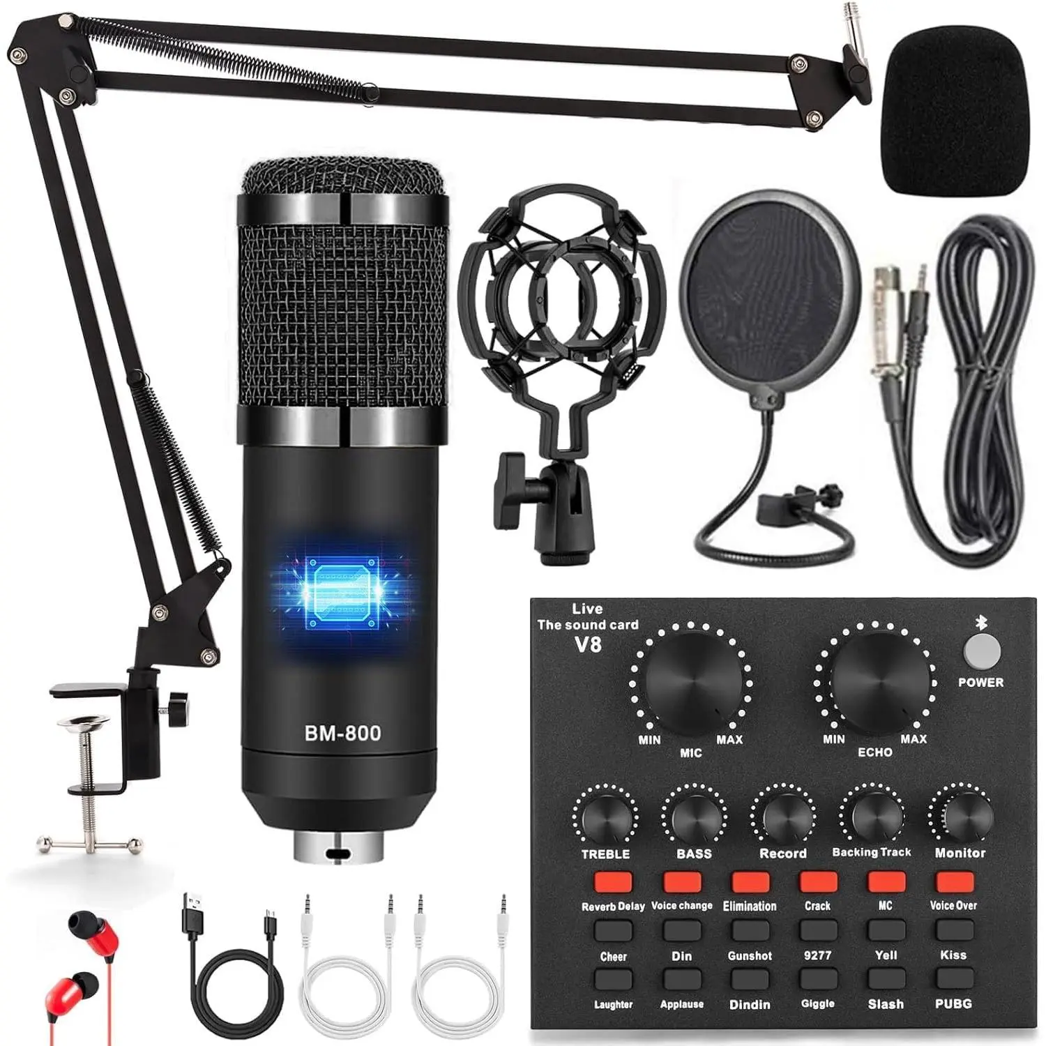 Podcast Equipment Bundle, Audio Interface with Voice Changer and BM800 Condenser Microphone, Recording Studio Package Perfect for Recording, Broadcasting, Live Streaming, YouTube, TikTok (BM800-V8B)