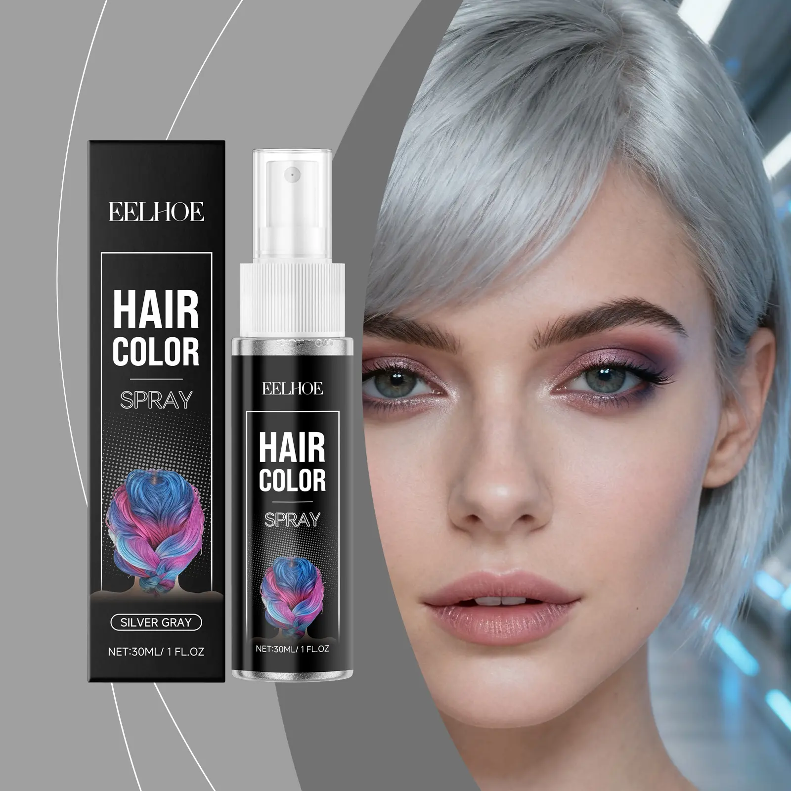 EELHOE Silver Gray Temporary Hair Spray - A Uniformly Color-Applying, Hydrating and Lustrous Hair Spray for Portable Hair Care