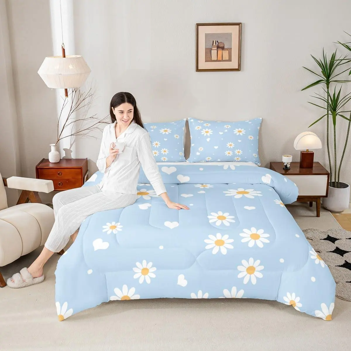 Girls Daisy Comforter Set,Kids Yellow White Blue Decor All Season Bedding Set,Teens Daisy Flowers Comforter,Children Spring Floral Decor Quilt Set,Bedroom Collection
