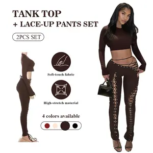 Women's Sportswear Set Sexy 2-Piece Set Hollow Out Lace-Up Pants & Halter Crop Top High-Waist shapewear Leggings Gym stuff girl Looks fashionable activewear dancers outfits slim-fit design quick-dry daily outing fitness Bodycon Tracksuit Set sport casual