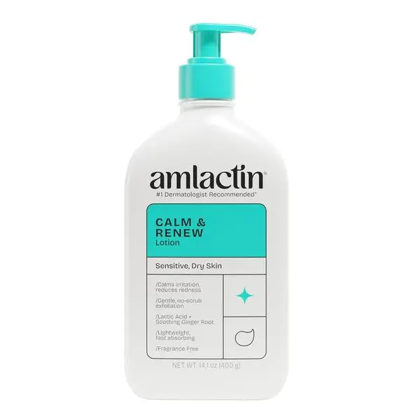 AmLactin Calm & Renew Therapeutic Body & Face Moisturizer, 14.1 oz - Sensitive Skin Body Care with Lactic Acid AHA, Soothing Ginger Root - Daily Moisturizing No-Scrub Exfoliator to Restore Smooth Skin, Hydrating, Gentle, Face & Body