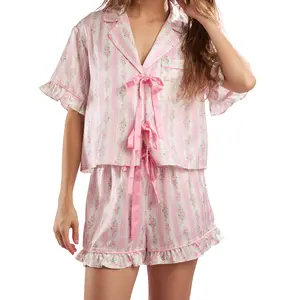 Bow Tie up Pajamas Cute Floral Striped Matching Pj Sets for Women 2 Piece Silk Satin Flower Pajama Set Pjs Shorts Outfits