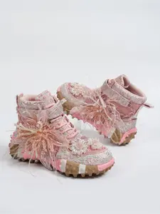 Women's Thick Sole Rhinestone & Lace Bow High-Top Sneakers Walking Shoes, All-Season Casual Platform Shoes
