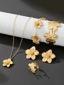 Flower Design Jewelry Set, Fashion Vintage Pendant Necklace & Bracelet & Ring & Earrings for Party, Daily Decor, Trendy All-match & Exquisite Jewelry for Birthday Gift, Elegant Jewelry Set, Matching Jewelry Set
