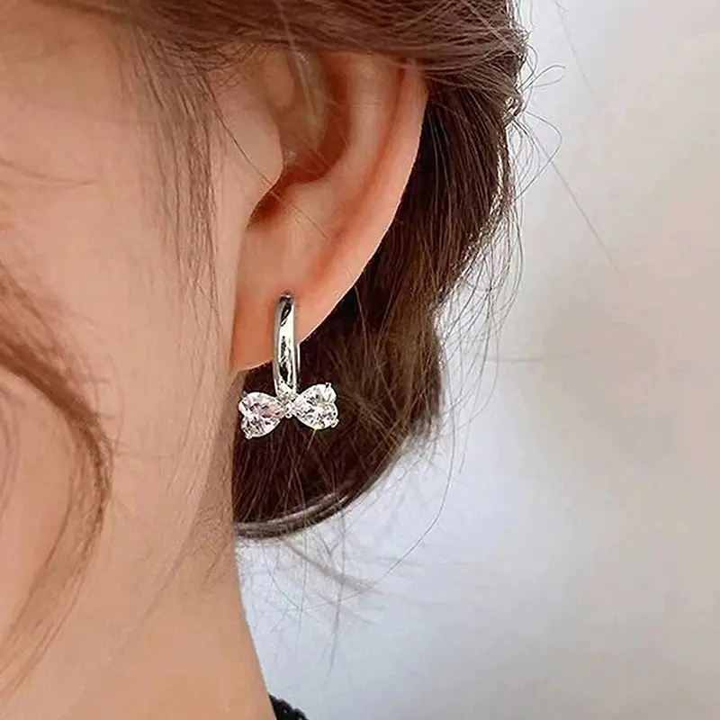 Women's Dainty Gold-Silver Mini Hoop Earrings - Rhinestone CZ Dangle Earrings with Leaf, Flower, Snowflake, Butterfly, Starfish Charms, Earring Stack Accessory, Ribbon Bows, Plug Backs, Best Friends Birthday Gift, Gold Aesthetic Bling Style