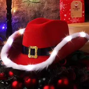 Fashion Santa Claus Party Christmas Luminous Cowboy Hat Western Red Felt Hats Wide Brim Cowgirl Hat Jazz Hat for Women Men