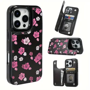 Pink Floral Pattern Leather Card Holder Phone Case, Suitable for iPhone 17 Air/16 Plus/15 Pro Max/14 Pro/13/12/11/XS Max/X Phone Case, Perfect Gift for Thanksgiving and Christmas for Family, Friends, Lovers, Boyfriend, Girlfriend