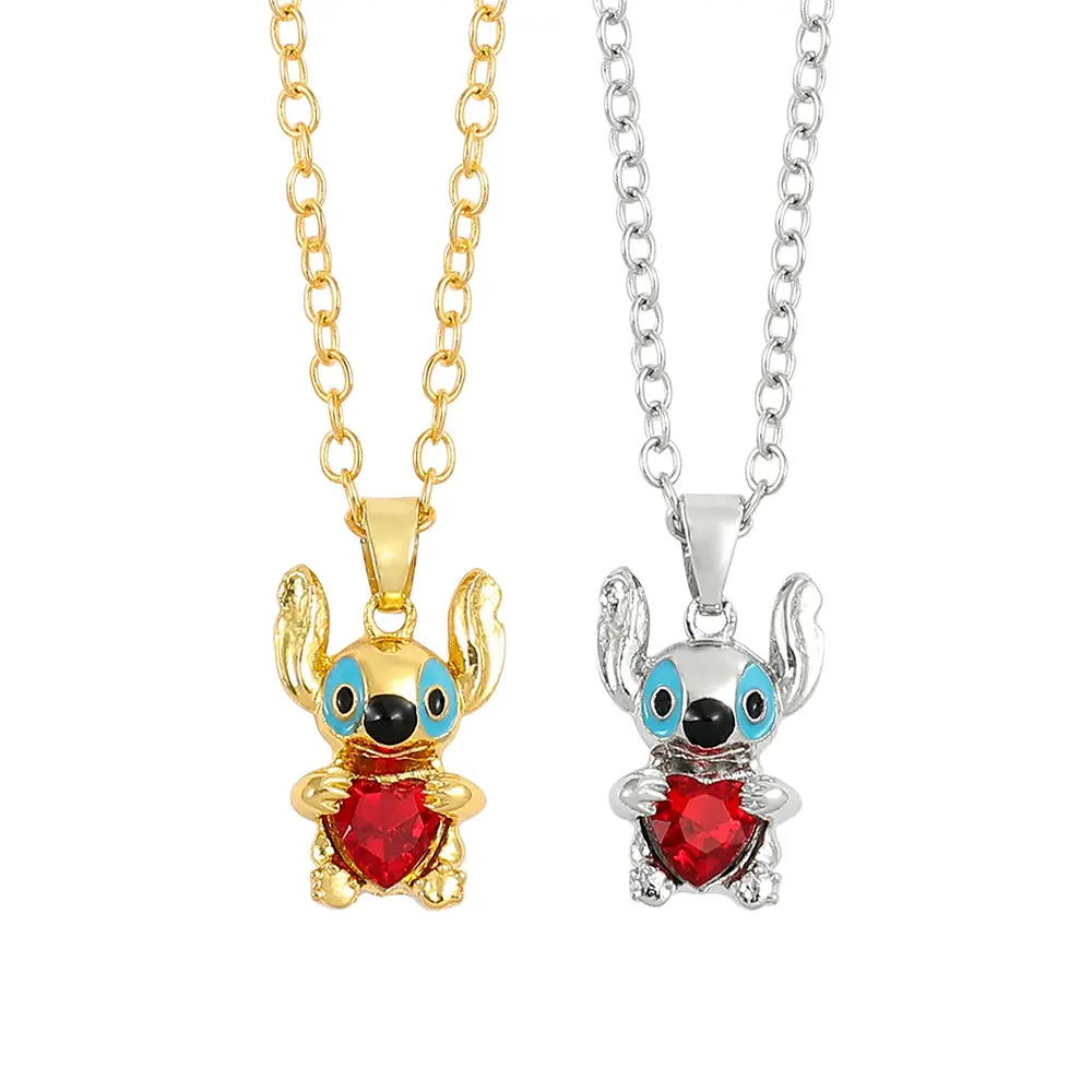 Disney Stitch Necklace - Gold & Silver Color Options with Red Heart Pendant for Stitch Fans