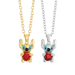 Disney Stitch Necklace - Gold & Silver Color Options with Red Heart Pendant for Stitch Fans