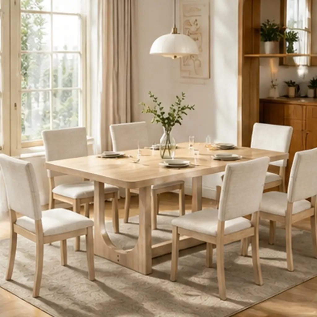 7-Piece Dining Table Set for 6, 68 Inch Rectangular Kitchen Table with 6 Upholstered Chairs, Light Oak Wood MDF Rubberwood, U-Shaped Frame, Foam Cushion Linen Fabric, Dining Room Furniture Set for Family Apartment, Light Oak Color Options