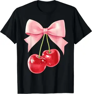 Women's Coquette Cherry Bow Graphic T-Shirt, Fitted Retro Style in 100% Cotton Fabric, Soft Light Short-Sleeve Top for Casual Wear