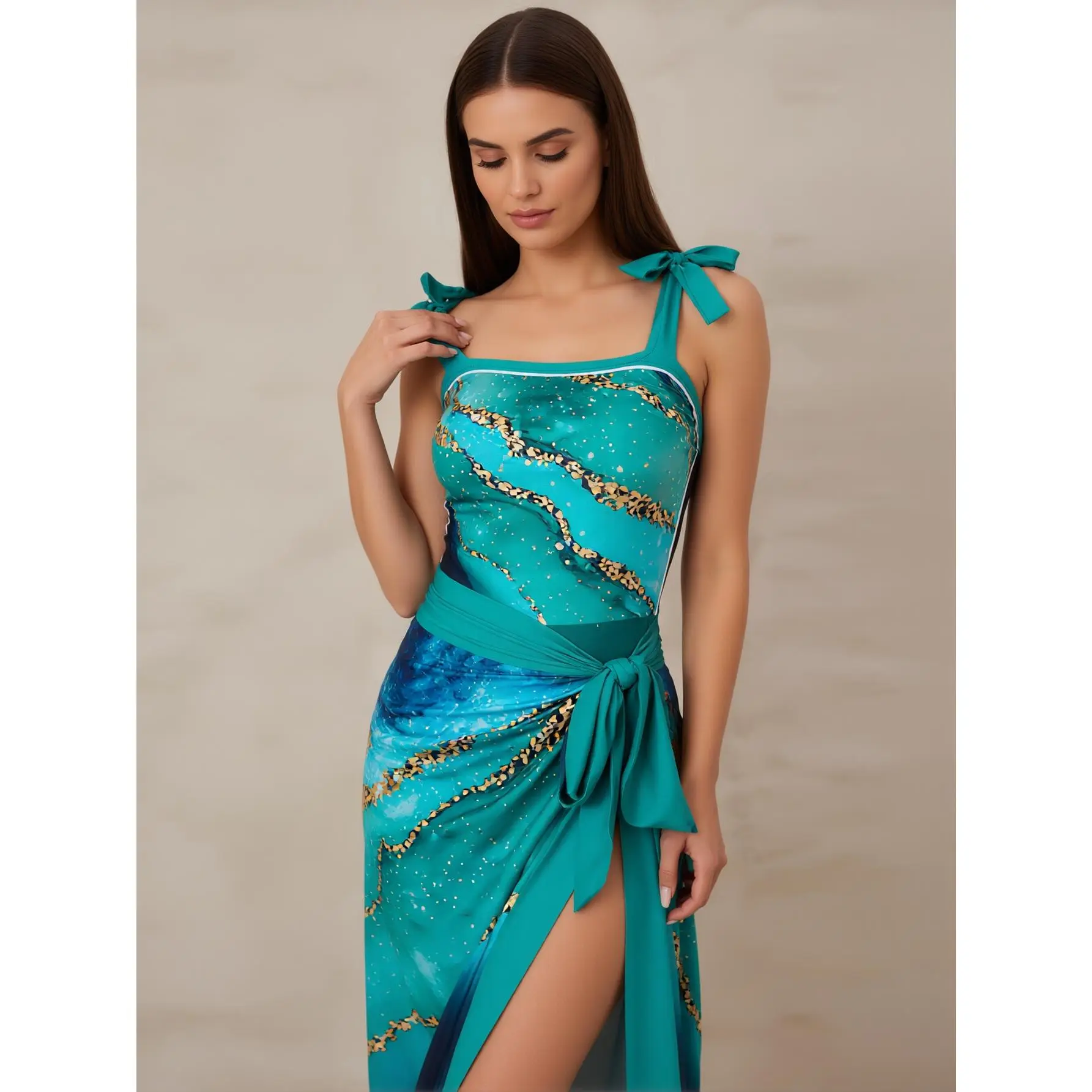 Women'S Gradual Color Change Sapphire Blue Split Swimsuit, Thickened Adjustable Shoulder Straps, High Elastic Fabric, Crew Neck Design, Suitable for Beach And Swimming Pool Casual Wear, Fashionable Swimwear, High-Quality Stitching Process