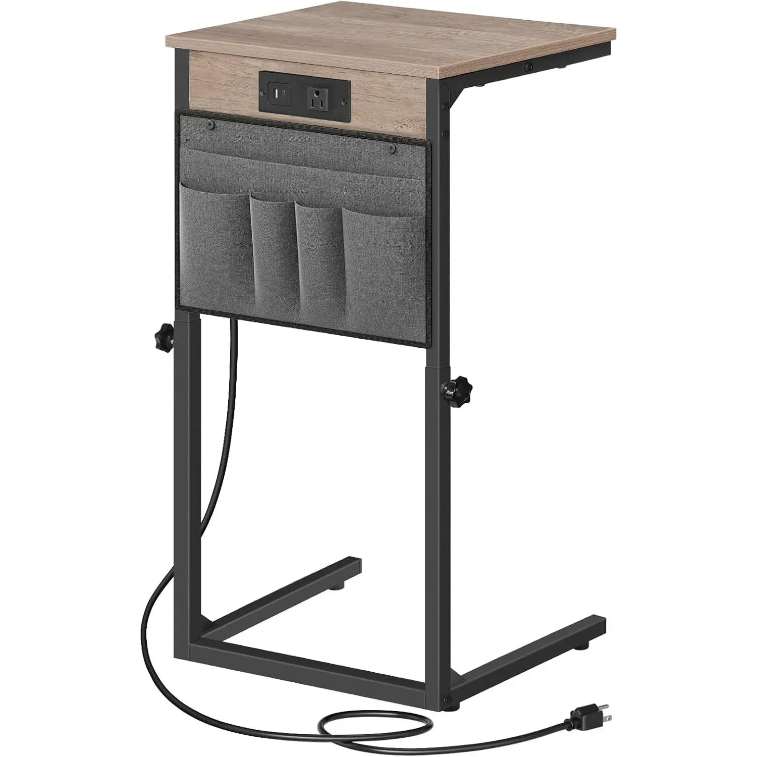 C Shaped End Table with  Station, 30 Adjustable Height Sofa Side Table with Storage Pocket, Slide Under Couch Table for Sofa Arm Tray, for Living Room, Bedroom, Greige BG77USF01