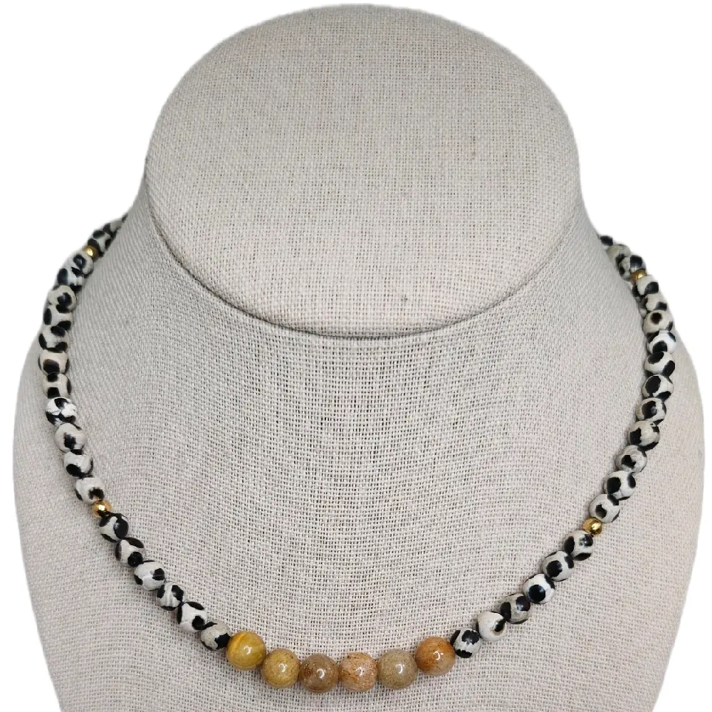 AGATHA Cookies and Cream Beaded Necklace with Black and White Beads and Gold Accents Soccer Balls Design