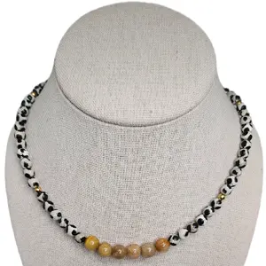 AGATHA Cookies and Cream Beaded Necklace with Black and White Beads and Gold Accents Soccer Balls Design