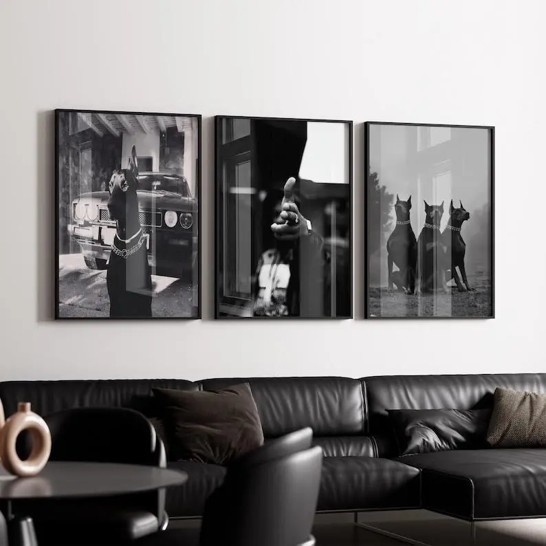 Doberman Wall Art Set, Gangster Dog Print, Luxury Car Poster, Badass Man Cave Decor, Hypebeast Room, 3 Piece , Urban B&W #210