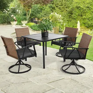 5 Piece Outdoor Dining Set, Patio Table and Chairs Set for 4,40.2" Black Square Metal Dining Table with Umbrella Hole and 4 Dark Grey Textilene Swivel Patio Chairs, for Garden Backyard Deck