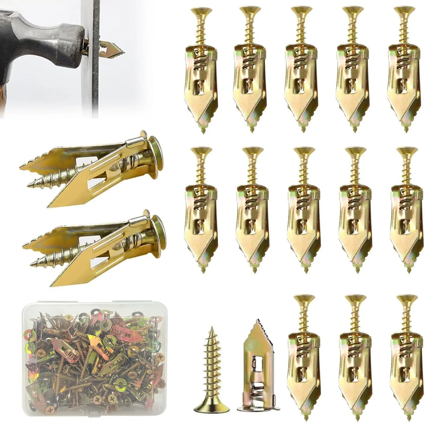 100pcs Self Drilling Drywall Anchors with Screws - 50 Sheetrock Anchors (0.47x1.18 Inch) & 50 Zinc Expansion Screws, No Drill Needed with Hooks & Brackets for Home Use