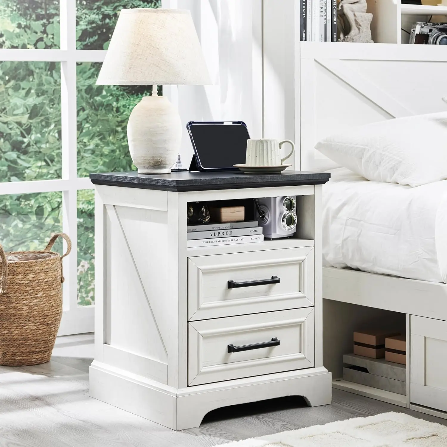 18" Antique White Farmhouse Bedside Table - High-Quality, Multi-Functionality Built-In Dual-Use Farmhouse Bedside Tables with Charging Station, 2 Deep Drawers, Power Outlet & USB Ports for Bedroom, Small Spaces, Built-In Bedside Tables
