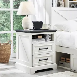 18" Farmhouse Nightstand with Charging Station, Bedside Table with 2 Deep Storage Drawers, End Table with Built-In Power Outlet and USB Ports, Rustic Wood Bedside Cabinet for Bedroom, Living Room, Apartment, Dorm Room and Small Spaces, Antique White