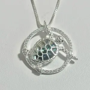 Sterling Silver 925 CZ Mother of Pearl Abalone Turtle Pendant Necklace Chain