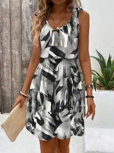 Women's Geometric Print Dress Summer Fashion Versatile Sleeveless Vest Dress, New Arrival 2026 Trendy Casual Wear for Women