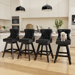 (Set of 4) Barstools Swivel Velvet with Button Tufted Wooden Legs Nailhead Trim Leisure Style
